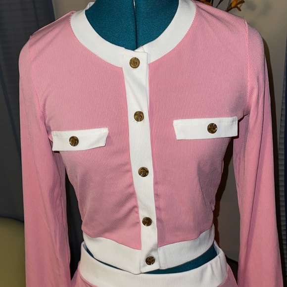 Pink & White Ribbed Two Piece Skirt Set - Picture 3 of 4